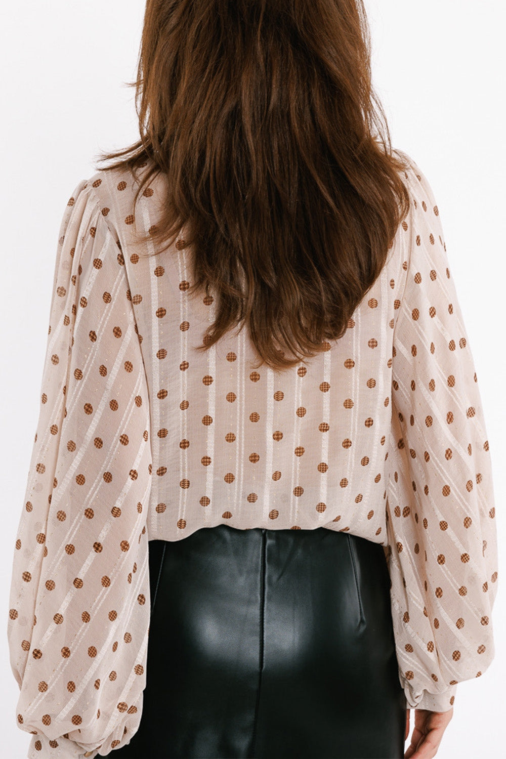 Blouse With Balloon Sleeves and Polka Dots in Beige