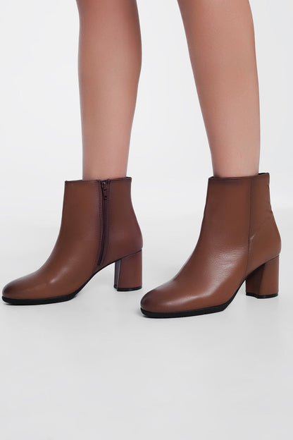 Brown Blocked Mid Heeled Ankle Boots