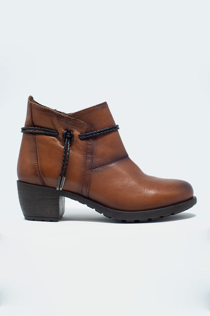 Brown Blocked Mid Heeled Ankle Boots With Round Toe