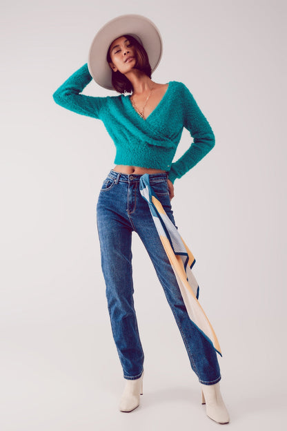 Cotton Blend High Waist Straight Leg Jeans in Deep Blue