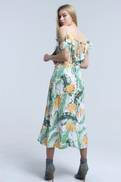 White Midi Dress in Tropical Leaves