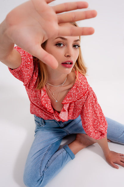 Red Wrap Top in Clustered Flower Print