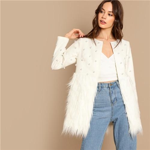 Solid Pearl Embellished Faux Fur Round Neck Jacket