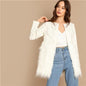 Solid Pearl Embellished Faux Fur Round Neck Jacket