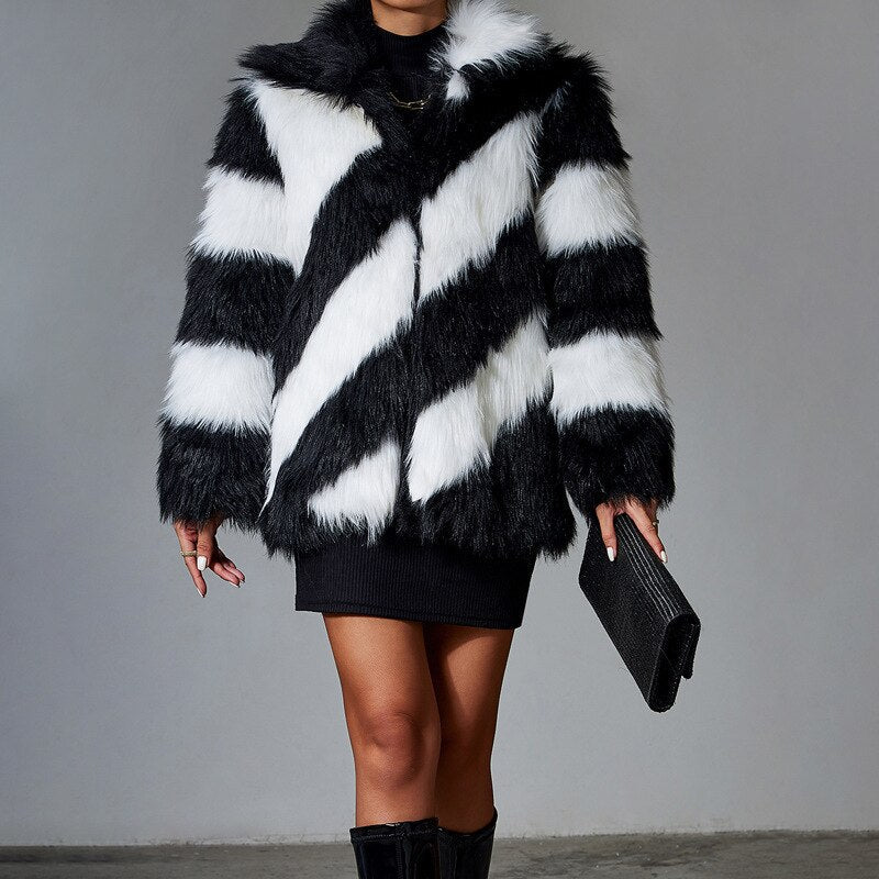 Black Faux Rabbit Fur Coat