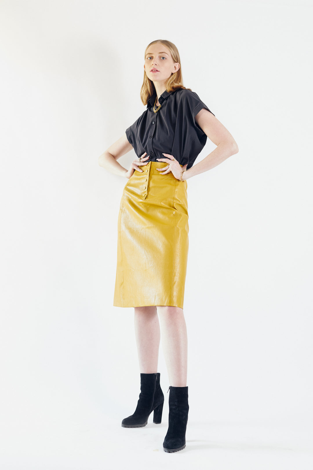 Power Woman- Mustard Leather Skirt