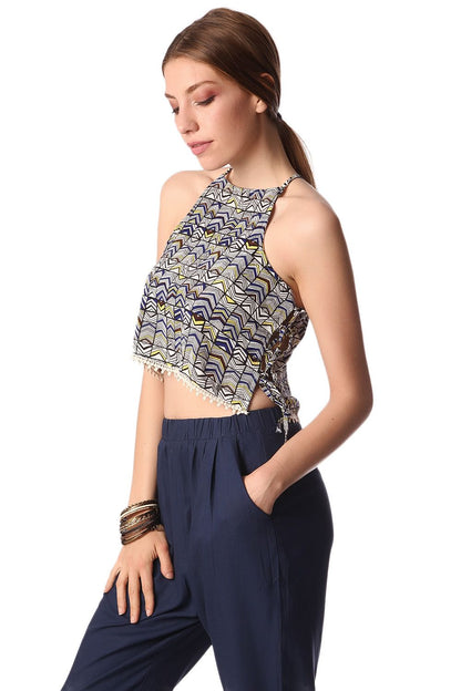 Blue Printed Crop Top With Lace Up Side Detail