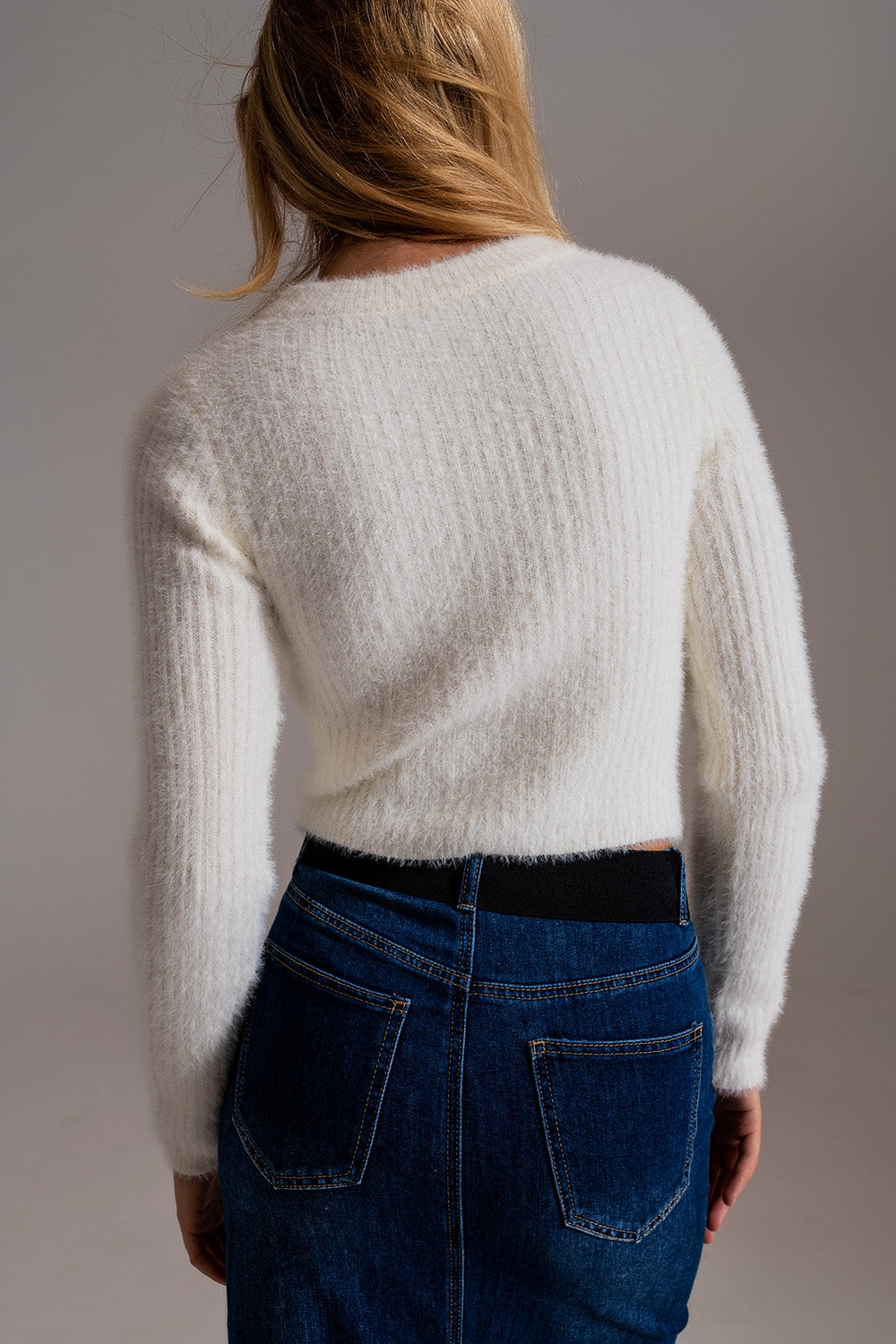 RIbbed Cropped Sweater With Stitching Detail in Ecru