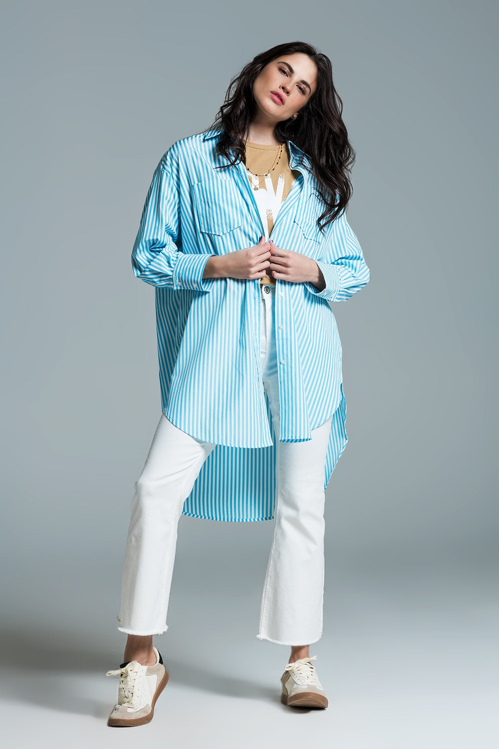 Light Blue Oversized Blouse With White Stripes