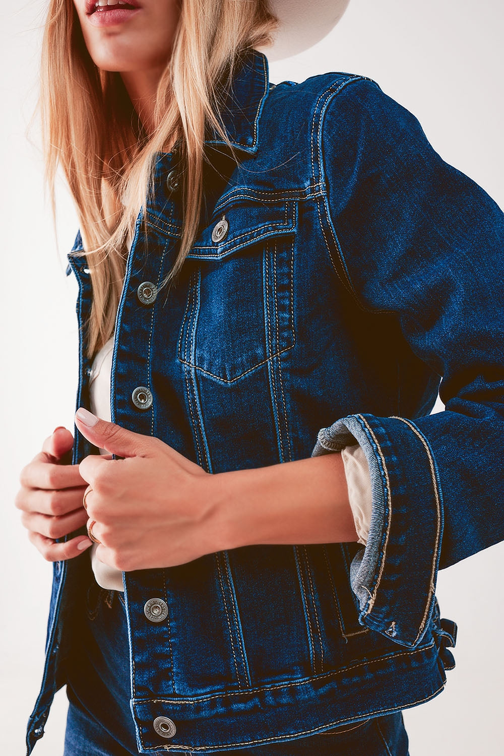 Embroided Back Denim Jacket in Dark Blue