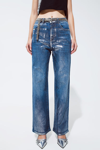 Straight Leg Jeans With Silver Metallic Finish