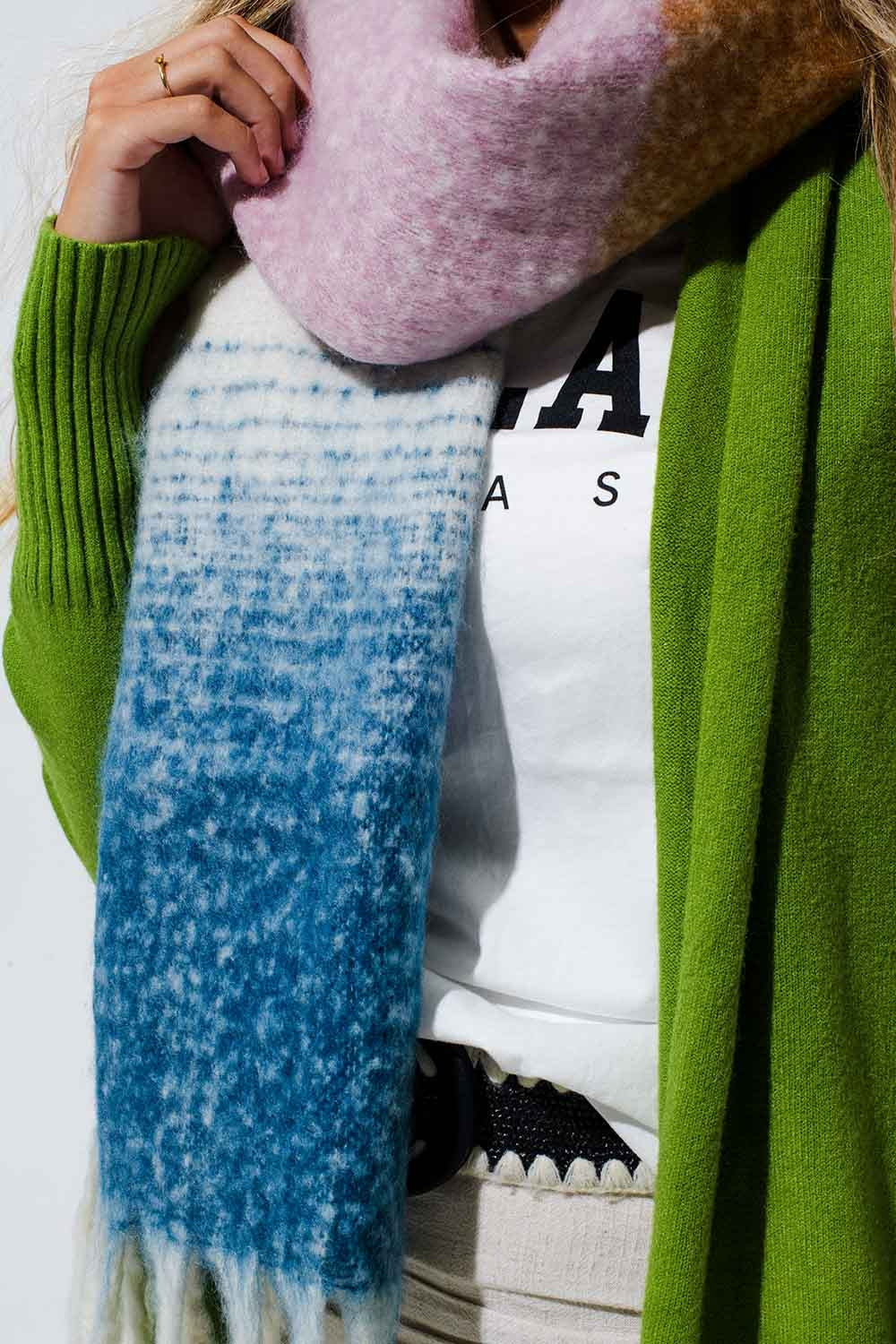 Multi Colored Chunky Knit Scarf in Multicolor Stripes Green and Blue