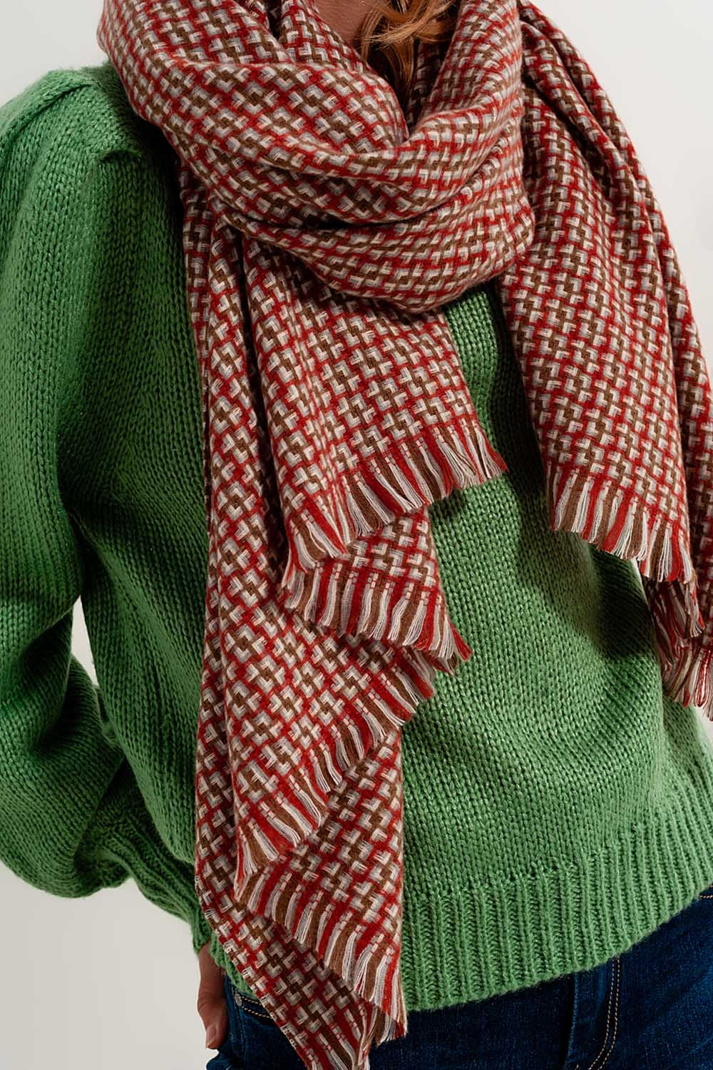 Super Soft Red Scarf With Geometric Print