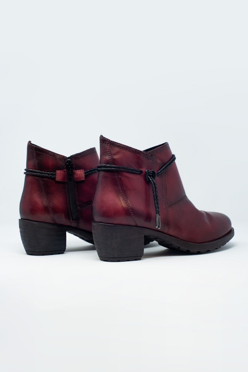 Maroon Blocked Mid Heeled Ankle Boots With Round Toe