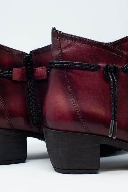 Maroon Blocked Mid Heeled Ankle Boots With Round Toe