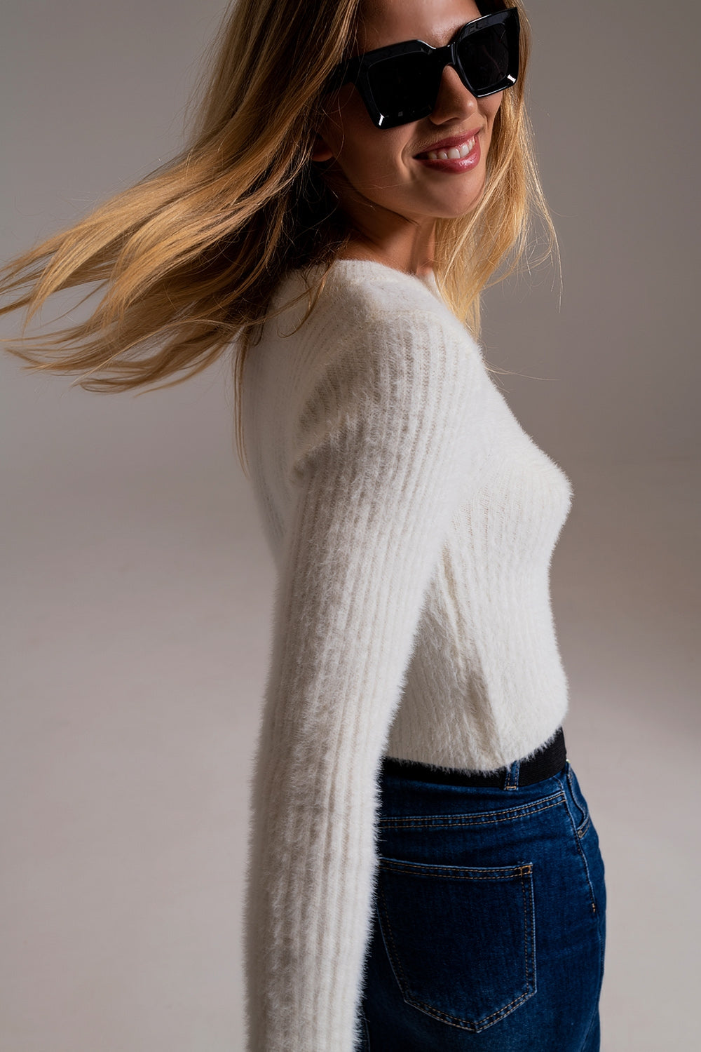 RIbbed Cropped Sweater With Stitching Detail in Ecru