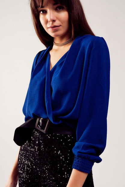 Long Sleeved Wrap Satin Blouse in Blue