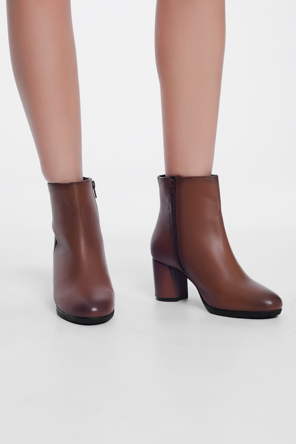 Brown Blocked Mid Heeled Ankle Boots