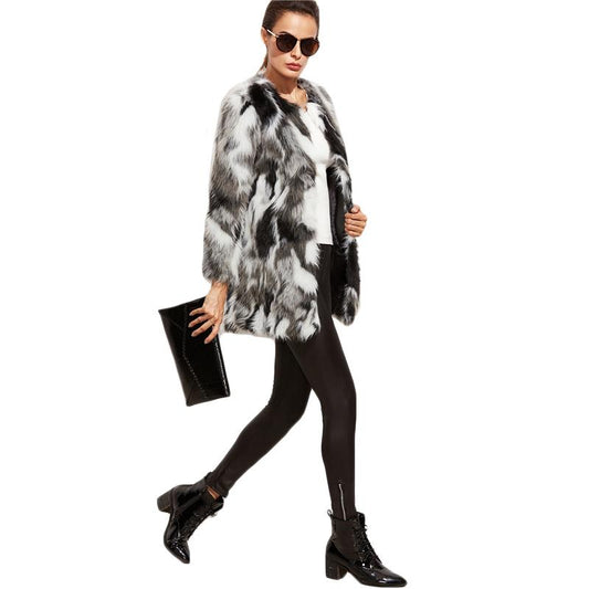 Faux Fur Fuzzy Color Block Open Front Coat