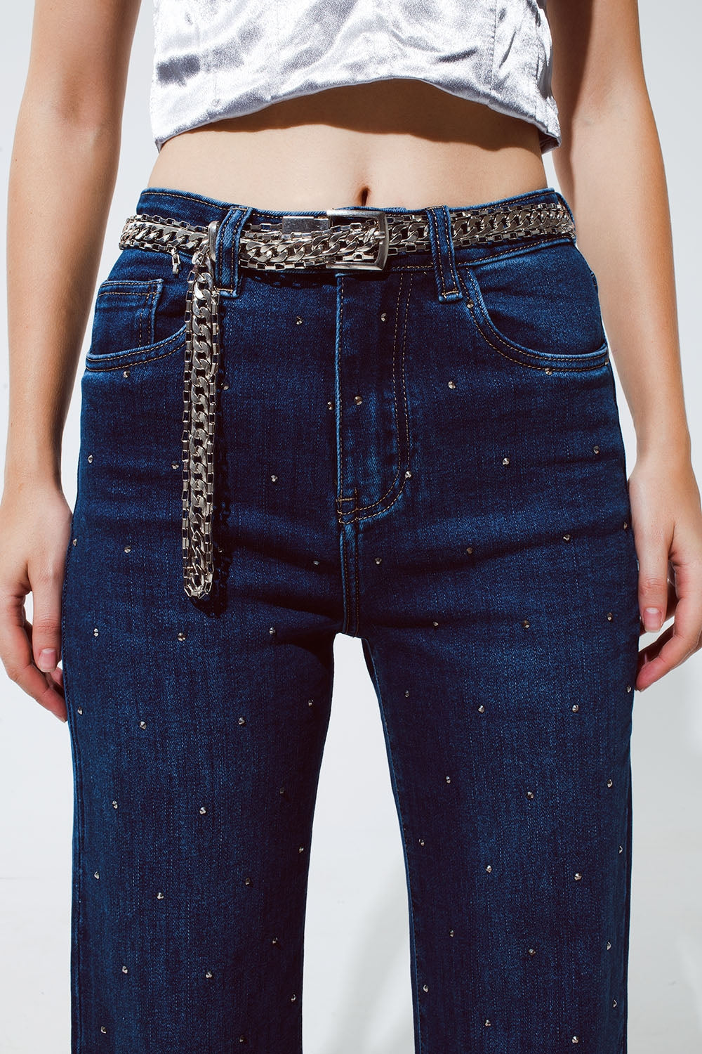 Straight Leg Jeans With Strass Detail in Blue