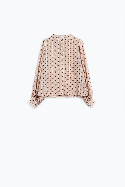 Blouse With Balloon Sleeves and Polka Dots in Beige