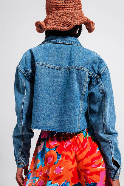 Cropped Denim Jacket With Raw Hem in Mid Wash