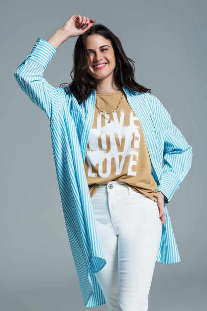 Light Blue Oversized Blouse With White Stripes