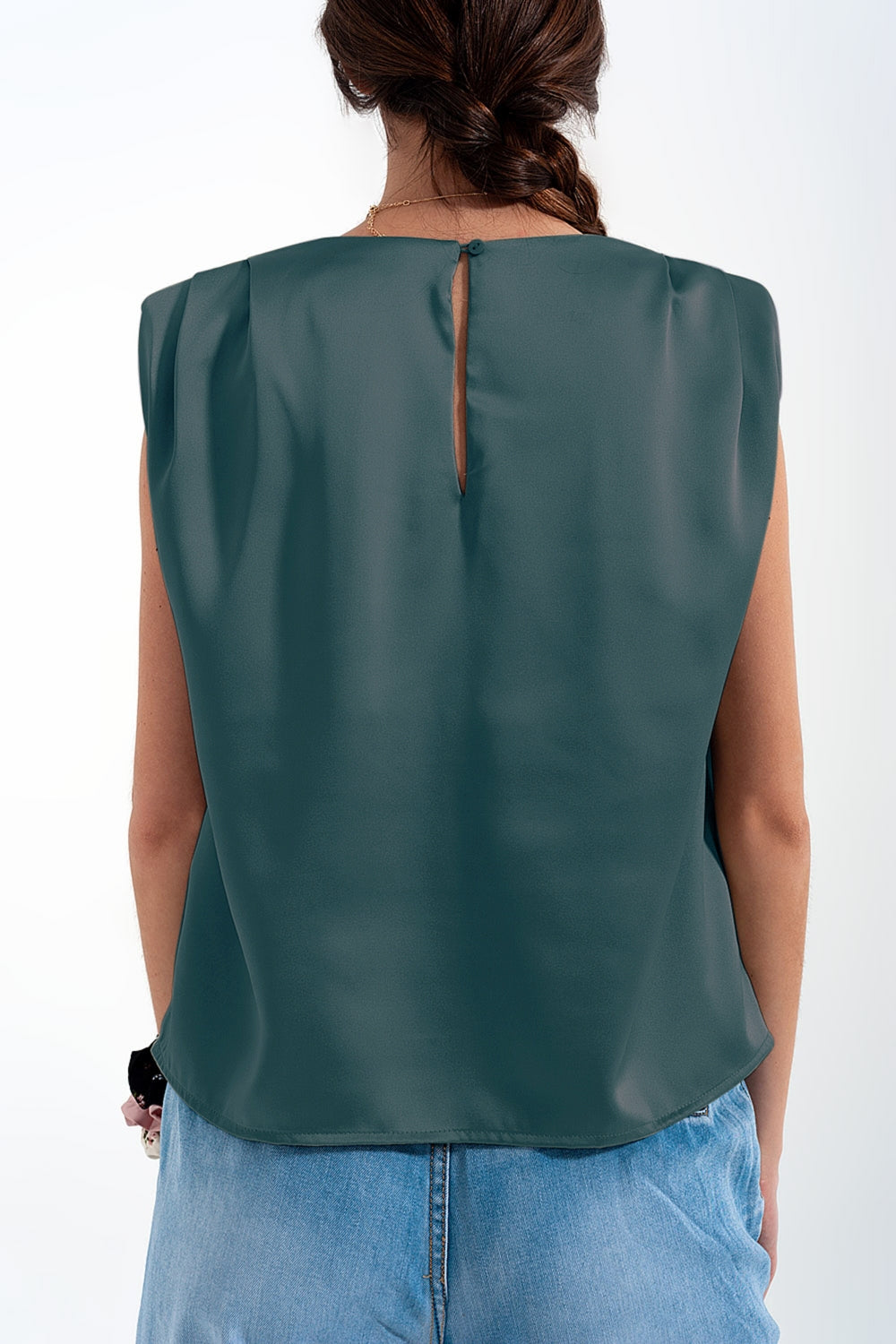 Gathered Satin Shoulder Pad Sleeveless Top in Green