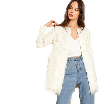 Solid Pearl Embellished Faux Fur Round Neck Jacket