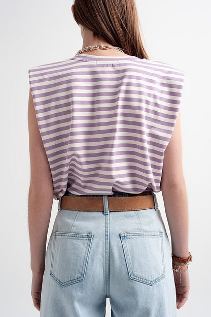 Sleeveless T-Shirt With Shoulder Pad in Purple Stripe