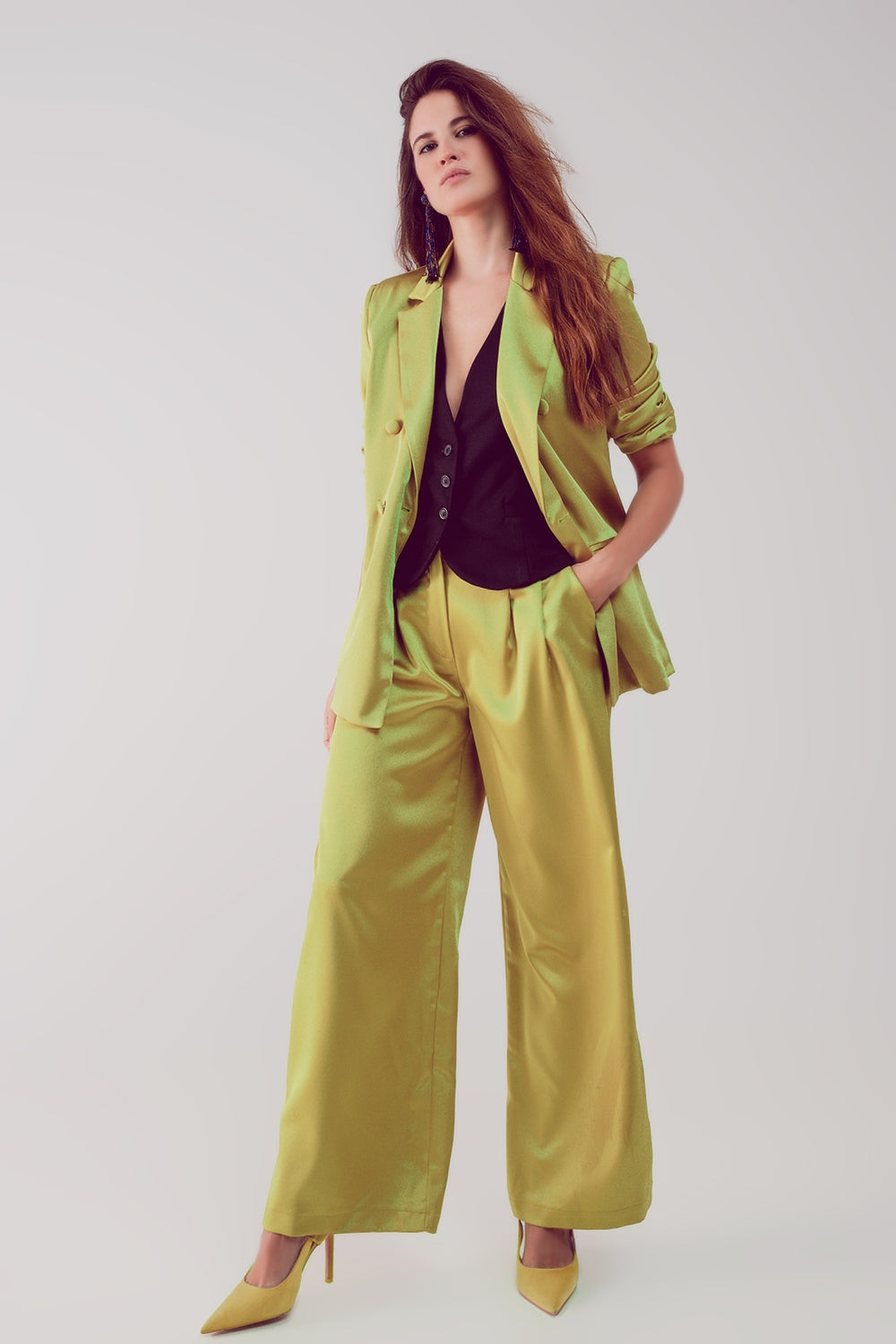 Satin Tailored Double Breast Blazer in Lime