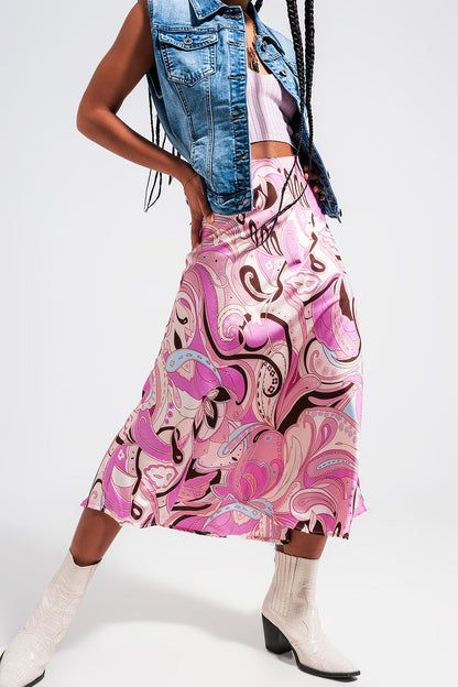 Midi Skirt in Abstract Print in Pink