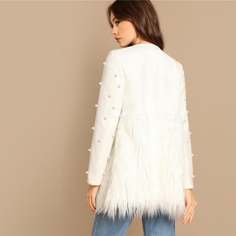 Solid Pearl Embellished Faux Fur Round Neck Jacket