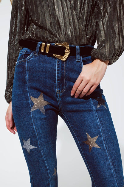 Flared Jeans With Shiny Stars Detail in Blue