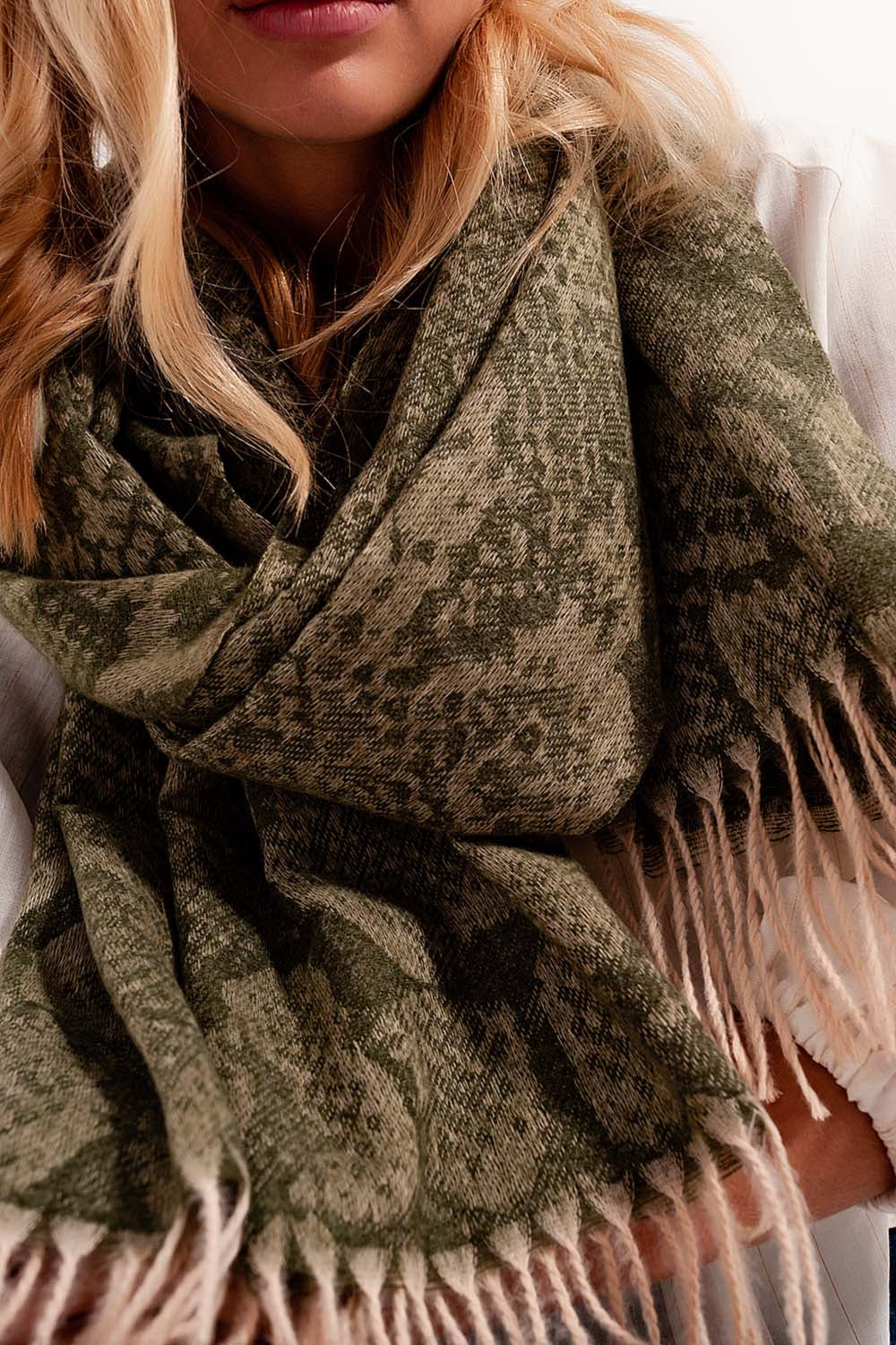 Green Snake Print Scarf With Bangs