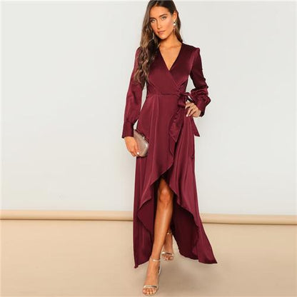 V-Neck Belted Wrap Asymmetric Party Maxi Dress