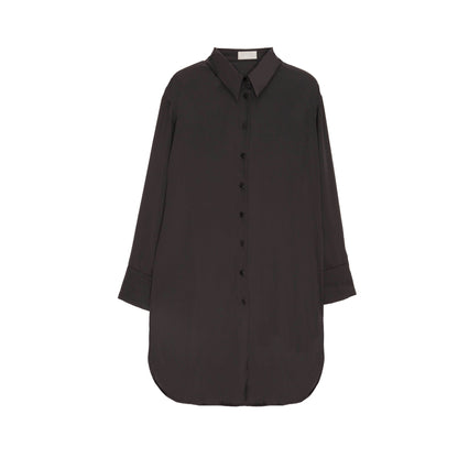 Long Sleeve Satin Button Front Shirt in Black