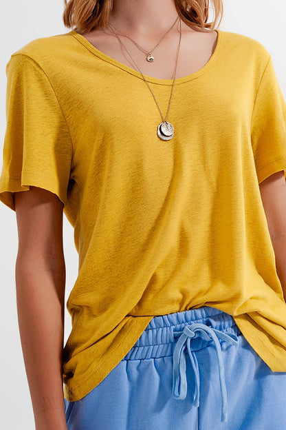 Linen Mix Scoop Front T-Shirt in Yellow