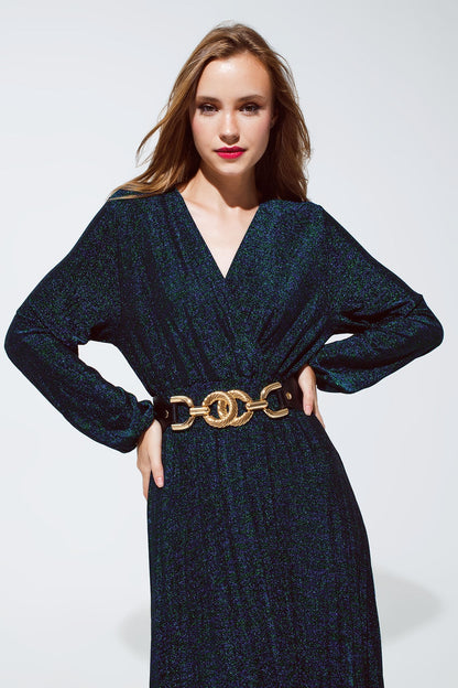 Party Long Sleeve Maxi Dress With Glitter in Green