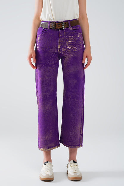 Purple Wide Leg Jeans With Metallic Finish in Gold