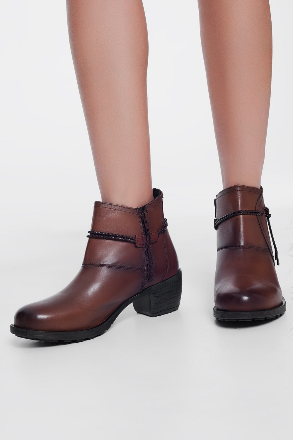 Brown Blocked Mid Heeled Ankle Boots With Round Toe