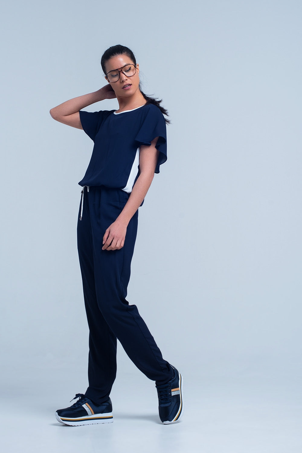 Navy Blue Jumpsuit With Short Sleeve and Ruffle Detail