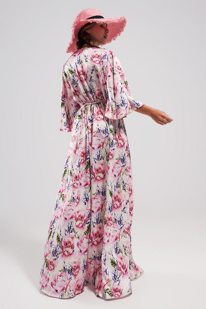 Flutter Sleeve Maxi Dress in Pink Floral Print