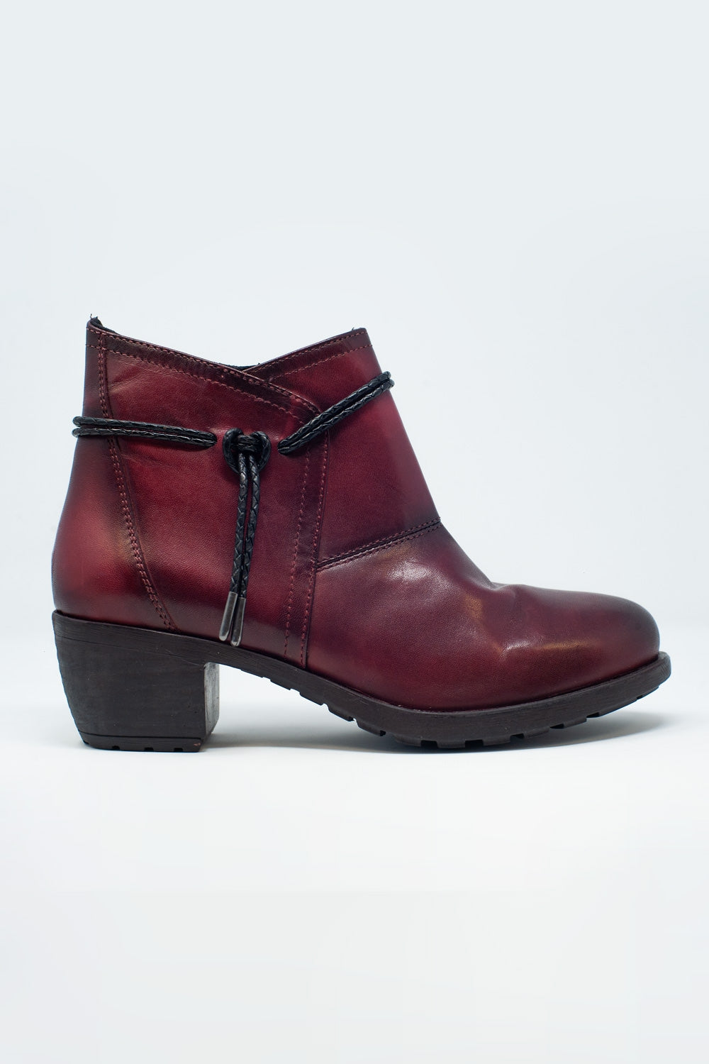 Maroon Blocked Mid Heeled Ankle Boots With Round Toe