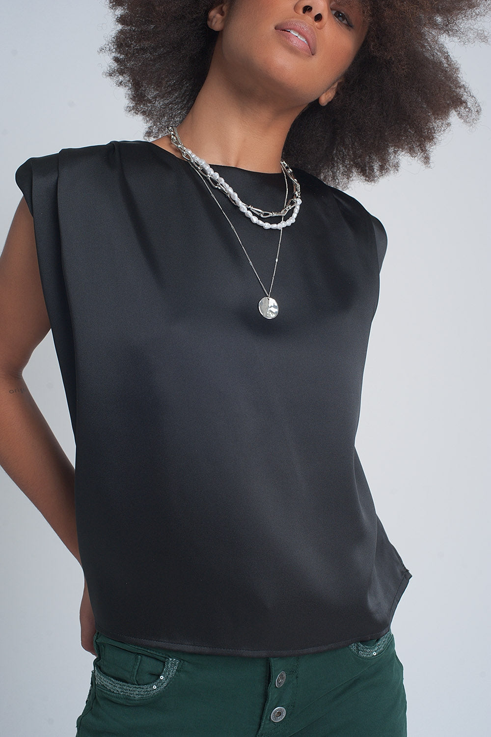 Gathered Satin Shoulder Pad Sleeveless Top in Black