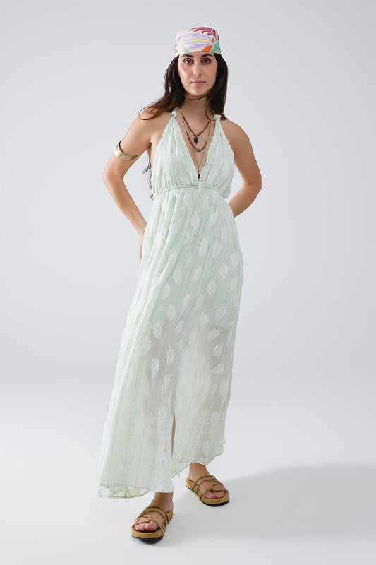 Midi Halter Dress in Mint Leaf Print With Lurex Details