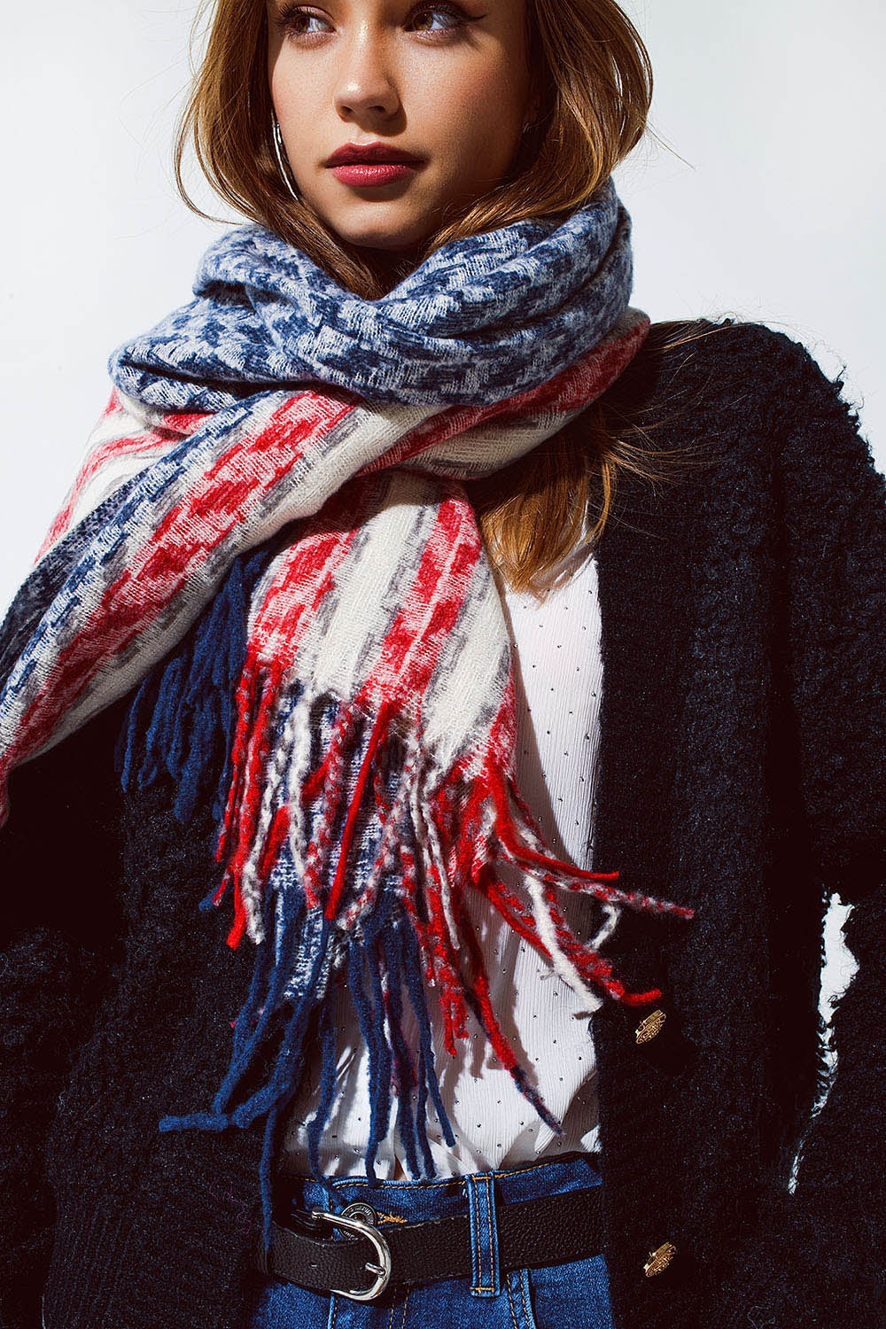 Houndstooth Style Americana Scarf in White Red and Blue