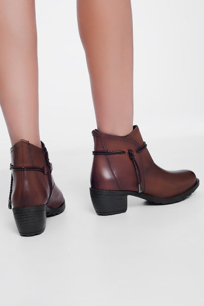 Brown Blocked Mid Heeled Ankle Boots With Round Toe