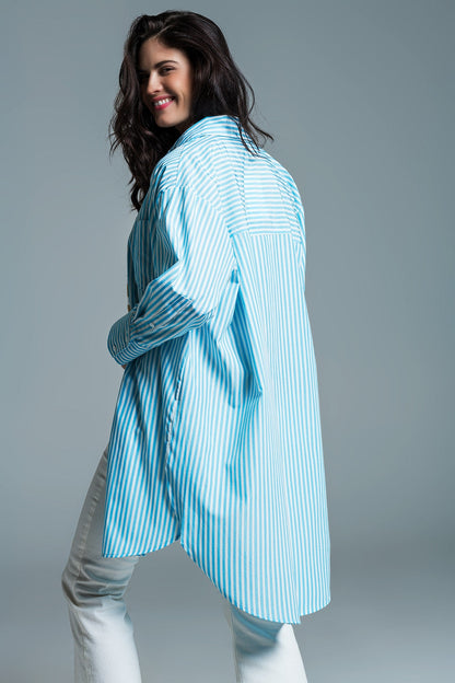 Light Blue Oversized Blouse With White Stripes