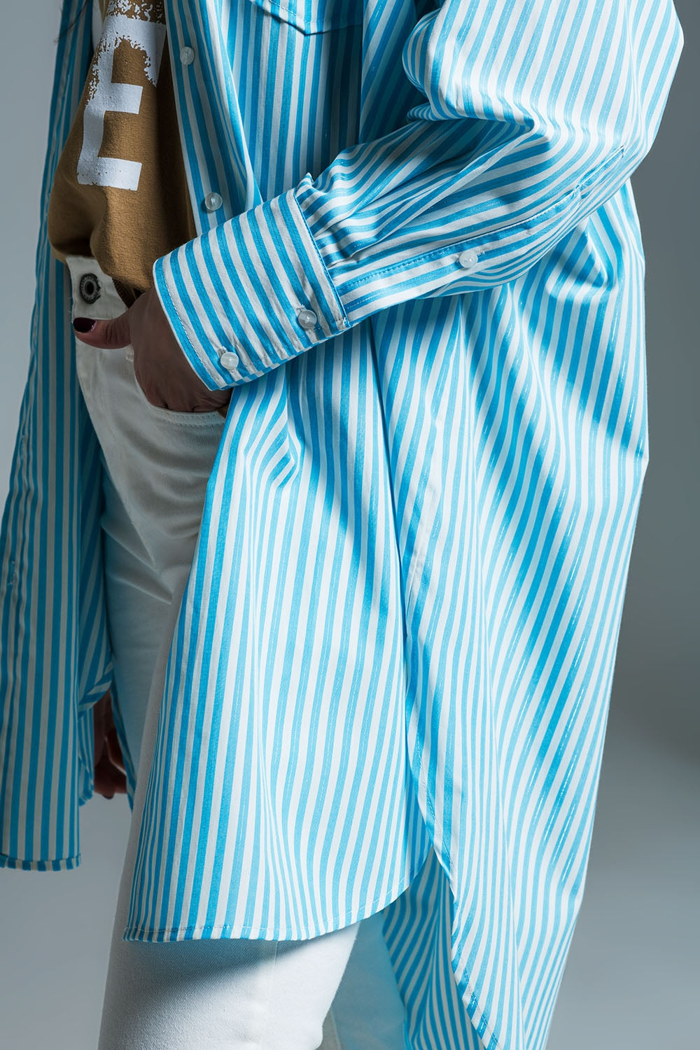 Light Blue Oversized Blouse With White Stripes